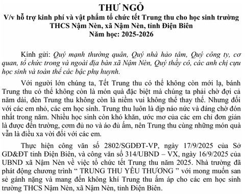 THƯ NGỎ VỀ TỔ CHỨC TẾT TRUNG THU NĂM HỌC 2025-2026