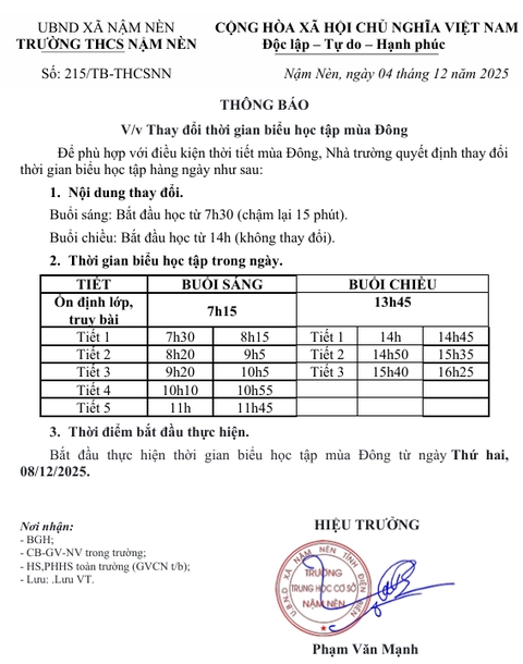 Thông báo thay đổi thời gian học tập mùa Đông năm 2025-2026